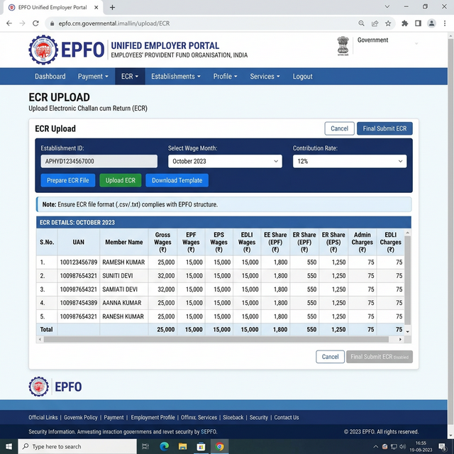 EPFO ECR Upload Page